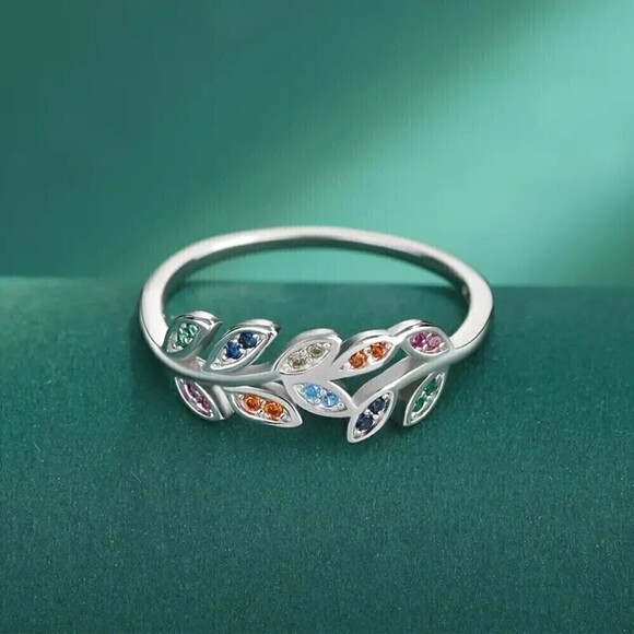 925 Sterling Silver Colorful Zircon Olive Branch Ring - Size 8 - Picture 2 of 6